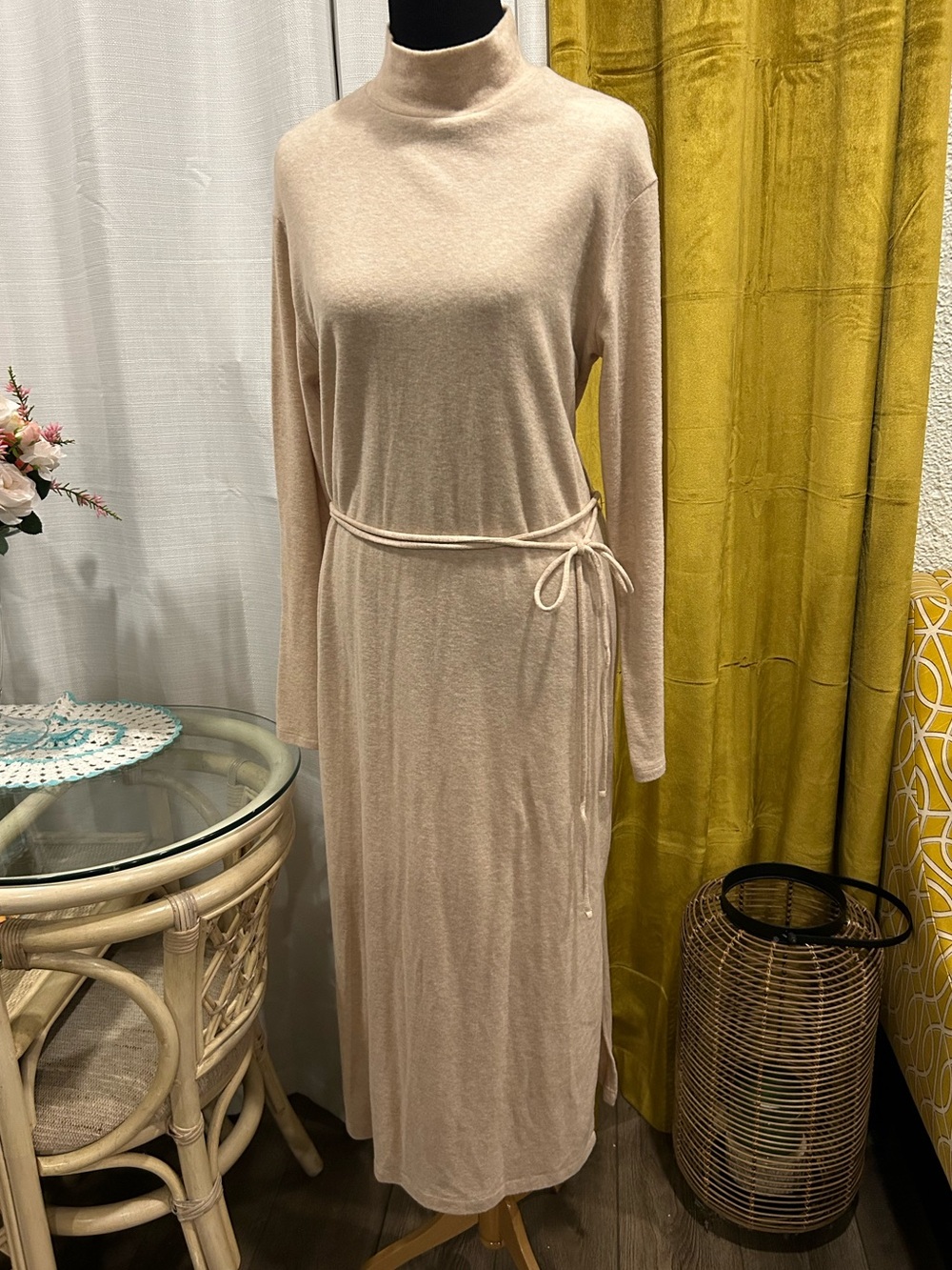 Vince Beige Mock Neck Maxi Dress with Self-Tie Waist